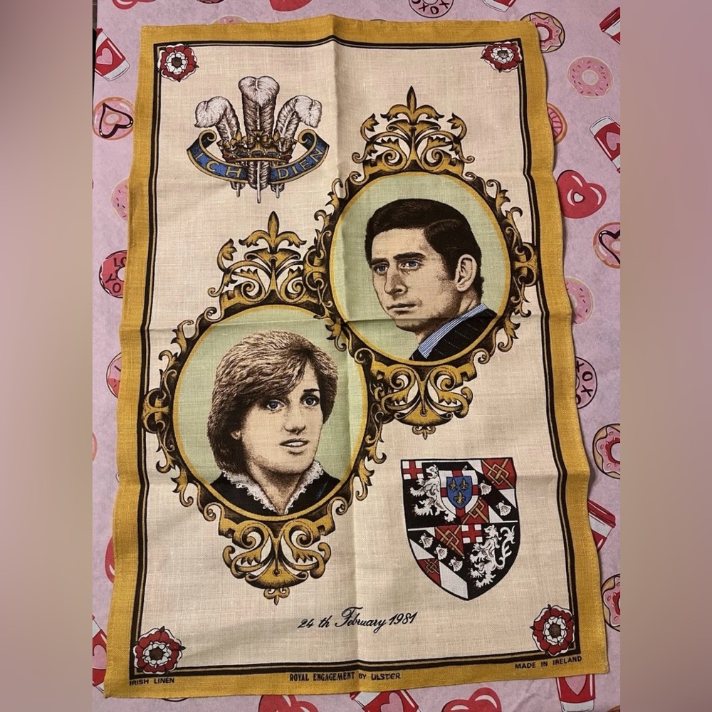 Tea Dish Towel Prince Charles and Diana Royal Engagement 1981 Irish Linen Vtg
